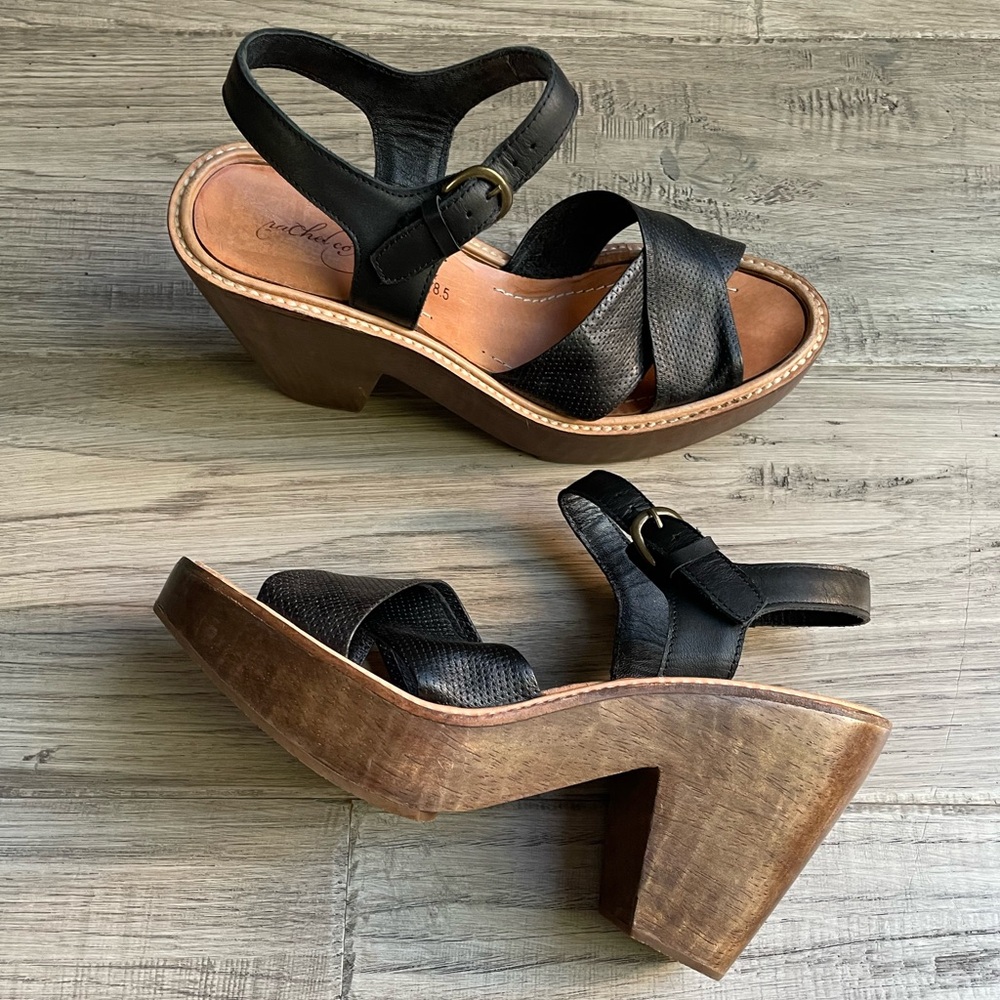 Rachel Comey Black Leather Cross-Strap Wedge Sandals with Wood Platform - Picture 2 of 16
